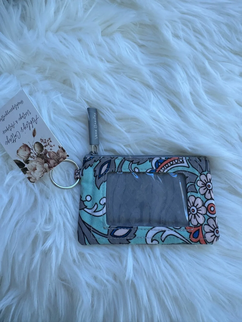 Vera Bradley Aqua Floral Paisley ID Case with Key Ring